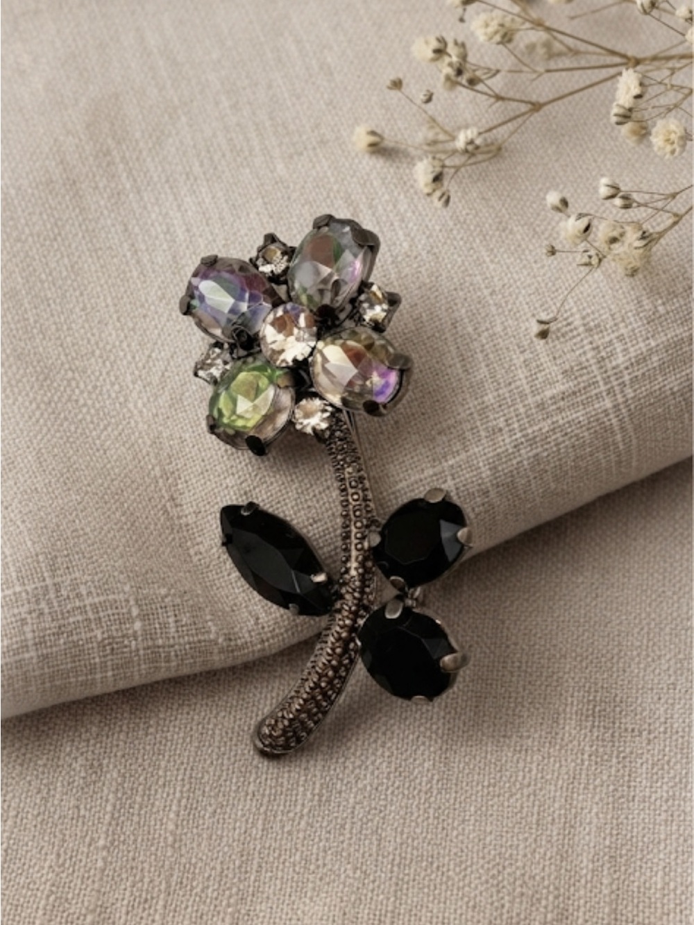 Vintage 60s Aurora Borealis & Black Rhinestone Flower Brooch